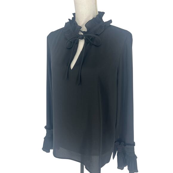 Lafayette 148 New York Black Ruffle Neck Long Sleeve Blouse Size Large - Picture 6 of 11